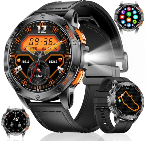 ESFOE Smartwatch herr GPS militär vattentät 10 ATM med LED-ficklampa AMOLED Display Rugged Smartwatch Bluetooth-samtal, höjd, tryck, kompass, 530 mAh för Android iOS