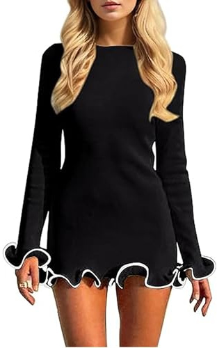 LSFYSZD Women Long Sleeve Knit Sweater Mini Dress Ruffle Hem Bodycon Jumper Dress Fall Winter Casual Ribbed Slim Fit Party Dress (Black, S)