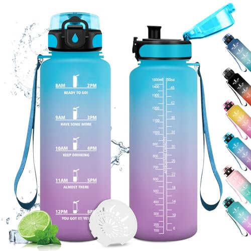 KollyKolla Borraccia 1.5 Litro, Borraccia Palestra Senza Perdite,con Filtro, con Indicatore del Tempo Motivazionale,Riutilizzabile, per Sport, Fitness, Ciclismo