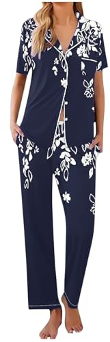Mrat Pigiama da donna Set di 2 pezzi Set da notte con stampa floreale carino pigiama a maniche corte con risvolto e bottoni camicie pantaloni lunghi tuta estiva pigiama set da salotto con tasche