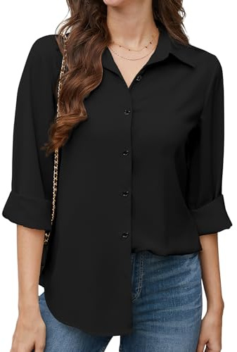 Stamain Chiffongblus för kvinnor, långärmad, button-down-skjortor, casual, skrynkelfria blusar, toppar för kontorsarbete