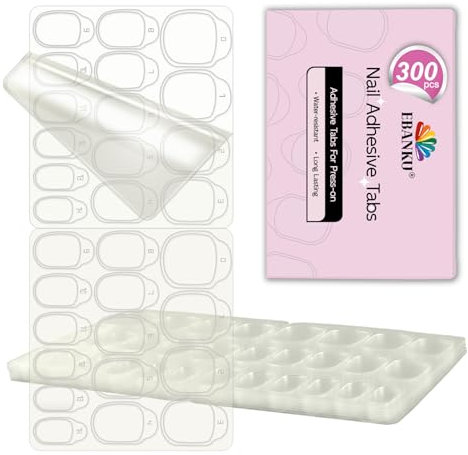 EBANKU 300 Pezzi Adesivo per Colla per Unghie a Doppio Lato, Biadesivo per Unghie, Colla Adesiva per Unghie Trasparente, 10 Fogli Gelatina Adesivo per Unghie False per Unghie Finte,15 Misure