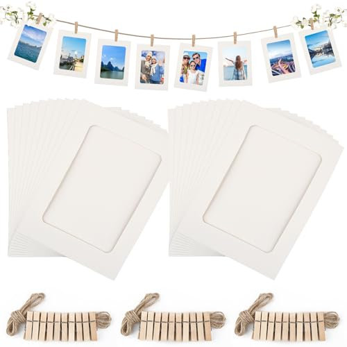 Deepton 30 Stück Fotogirlande, 10x15 cm Bilderrahmen aus Kraftpapier mit 30 Holzklammern & Hanfseil, DIY Fotoleine für Wanddekor, Geburtstag, Hochzeit, Party oder Schule (Weiß)