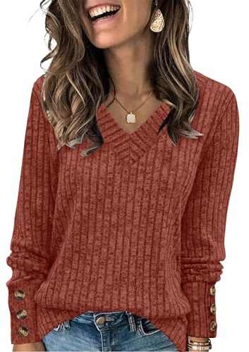 WIHOLL Long Sleeve Tops Women V Neck Jumpers Ladies Lightweight Sweatshirts Button Ladies Tops Size 22-24 Caramel