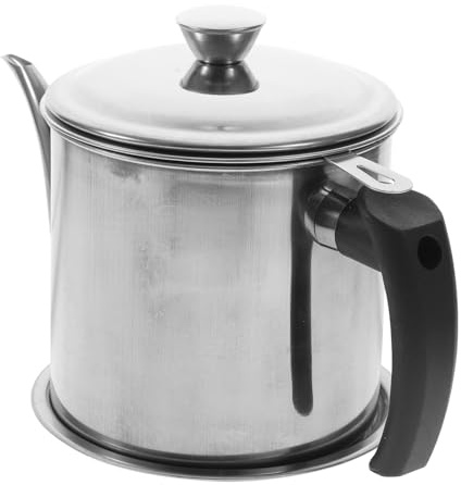 MUELODSIC Aceitera de Acero Inoxidable con Colador Fino y Base Filtro de Aceite Reutilizable para Cocina Mango Ergonómico y Diseño Seguro para Separar Grasa y Conservar Aceite Usado