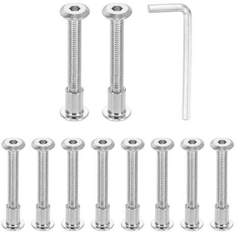 QUARKZMAN 10 Juegos de Tornillos de Cabeza Avellanada Hexagonal Plateado | Tornillos Y Pernos, M6x50mm Y Tuercas M6x12mm, con Llave Hexagonal M4, Para Muebles Cinturón Avellanado