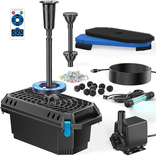 POPOSOAP Filtro de estanque con clarificador UV, bomba de estanque de 2500 l/h y juego de filtros con luces LED RGB, fuente todo en uno para estanques exteriores de hasta 6000 litros