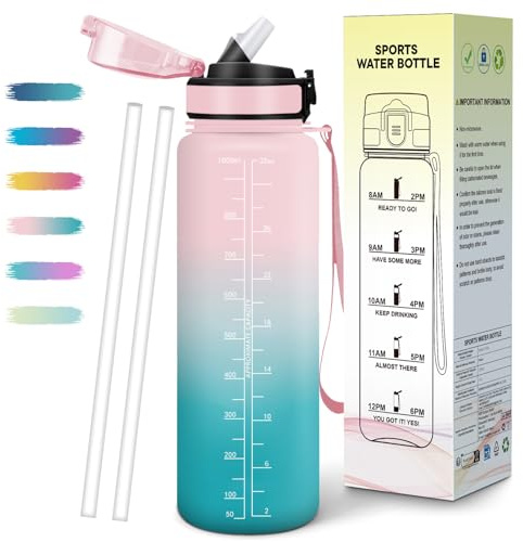 Mulbijeo Borraccia 1 Litro, Libre de BPA & Reutilizables, Borracce con Cannuccia, A Prova di Perdita, Borraccia Motivazionale, Portatile, Borracce Palestra per Scuola, Palestra, Ufficio, Festa