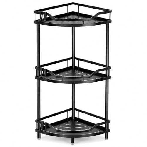 GOOGO Estantería de ducha sin taladrar 3 niveles, estante de baño de pie para ducha y lavabo, organizador esquinero metálico con drenaje (negro)