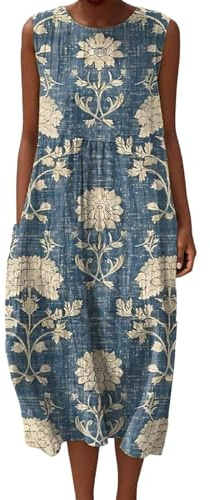 Vestidos Verano Mujer Playa Bohemio Sin Mangas Vestido Lino Flores Estampado Talla Grande Largo Cuello Redondo de Maxi Verano Casual Cómodo Elegante Ligero con Bolsillos para Vacaciones