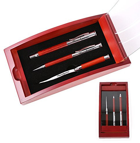 polar-effekt Schreibset Borkum inklusive Gravur - Dreh-Kugelschreiber Füllfederhalter und Brieföffner - Geschenk-Etui aus Holz - Glas