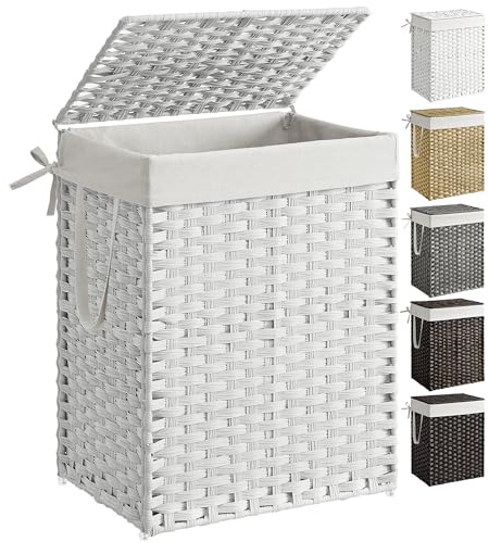 SONGMICS Cesto portabiancheria intrecciato a mano, in rattan sintetico, con coperchio e manici, pieghevole, rimovibile, colore bianco, ULCB51WT