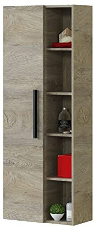 ARKITMOBEL - Columna de Baño Suspendida Grande con 1 Puerta y 7 Estantes, Armario Auxiliar para Baño, Color Roble Alaska, 135x51x25 cm - Modelo Athena