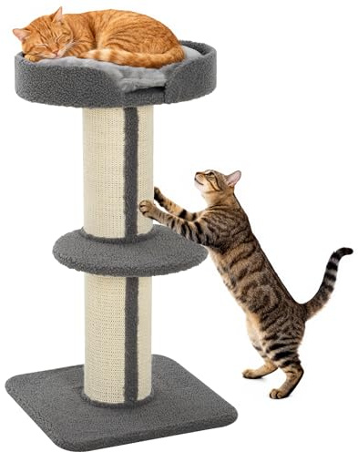 PawHut Tiragraffi ad Albero per Gatti con Cuccia, Cuscino e Morbido Rivestimento Grigio, Pali in Corda Sisal Ø16.5 cm, Altezza 91cm