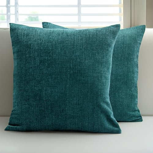 Encasa XO Chenille Kissenbezüge Set von 2 | Azul Blau - (24x24) (60x60 cm) | Dekorative Akzent Quadratische Wurfkissenbezüge Für Couch, Heimdekoration, Sofa