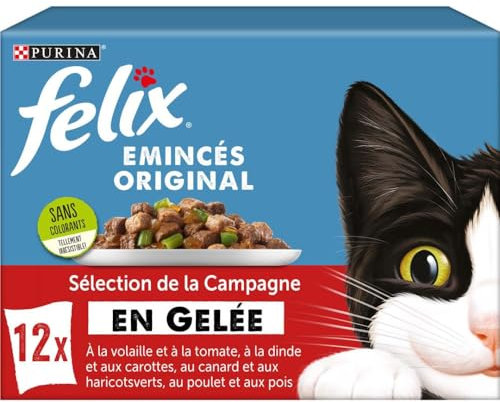 FELIX Gelee-Hackfleisch | ausgewachsene Katze | Auswahl an Huhn, Erbsen, Truthahn, Karotten, Geflügel-Tomaten, Ente und grüne Bohnen | 12 x 85 g | Frischebeutel
