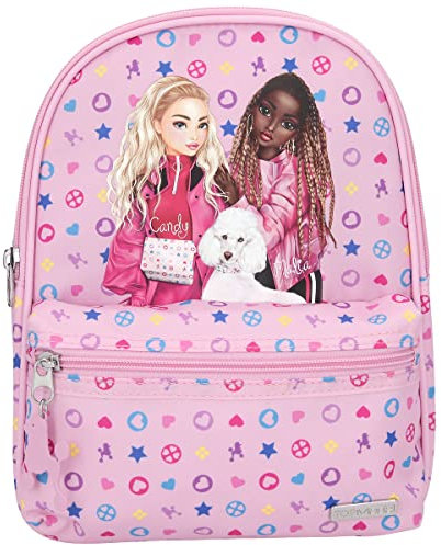 Depesche 11008 TOPModel Bling Bling-Kleiner Rucksack in Rosa mit Pudel-Motiv, Icon-Muster im Hintergrund, mit großem Hauptfach, Einer Vordertasche und pinkem Anhänger am Reißverschluss, Mehrfarbig