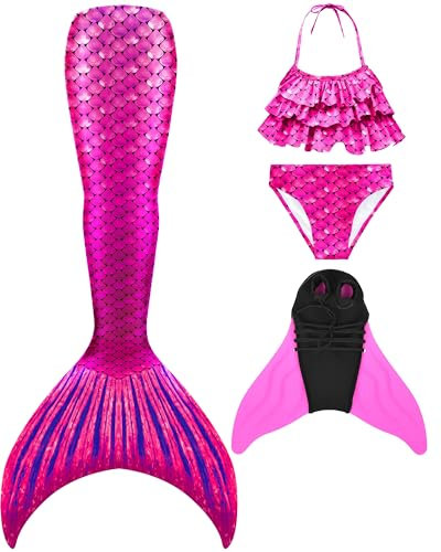 NAITOKE meerjungfrauenflosse mädchen Badeanzug - Meerjungfrau Flosse Bademode mit Bikini Set und Monoflosse Mermaid Tail, 4 Stück Set,SPYHS,110
