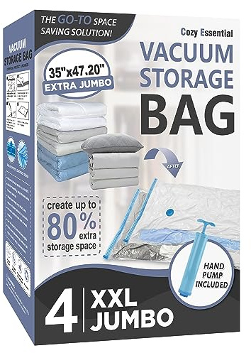 Cozy Essential Vacuum Storage Bags, Space Saver Bags，Compression for Comforters and Blankets, Pillow, Bedding, Sealer Clothes Storage, 4 XXLarge Jumbo