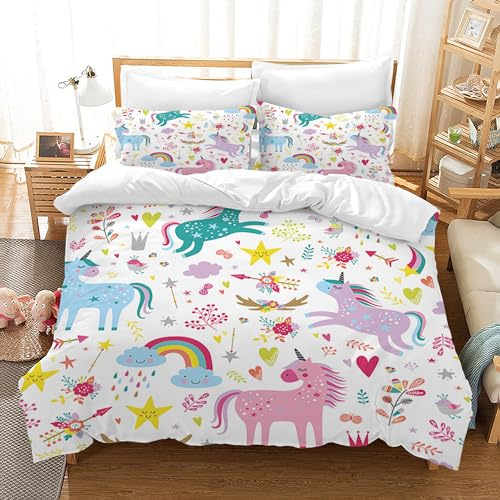 Juego de Ropa de Cama para niños, diseño de Motocross, Microfibra, 3 Piezas, con Funda de Almohada (Unicornio A, 135 x 200 cm)