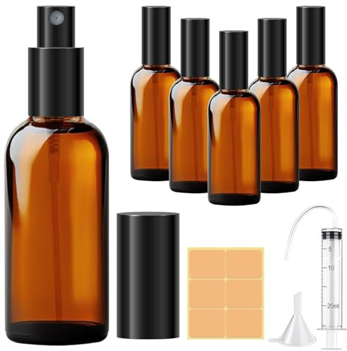 Amentalove Amber Glass Spray Bottles, 4PCS 100ML Empty Fine Mist Spray Bottle with Syringe for Cleaning Essential Oils Perfume Cosmetic Sprays, Portable Travel Small Spray Bottle with Funnel Label