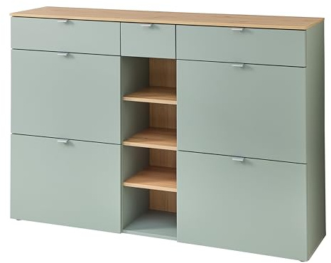 BARI Schuhschrank in Schilfgrün, Artisan Eiche Optik FSC-zertifiziert - Modernes Schuhregal mit viel Stauraum für Ihre Schuhe - 148 x 103 x 38 cm (B/H/T)