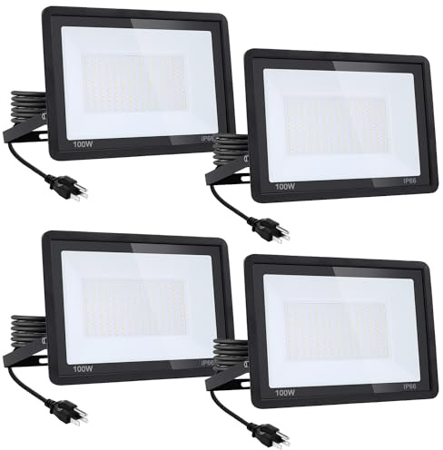 4Pack-100W LED Flood Light Outdoor,11000lm LED Work Light with 6FT US Plug,IP66 Waterproof Exterior Security Lights,6000K Daylight White Outside Floodlights Slim design for Playground Yard Stadium