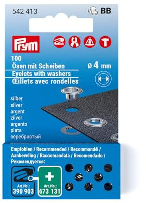 Prym 542413 Ösen mit Scheiben Nachfüllset, silberfarbig Stück, Ø 4 mm, 100 Anzahl