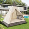 Lexiou Gartenlounge-Set, Rattanzelt, geeignet für 2–4 Personen, inklusive Aller Sitzkissen und Kissen, graues Rattan, Beiger Türvorhang, Sitzkissen mit Reißverschluss (Beige)