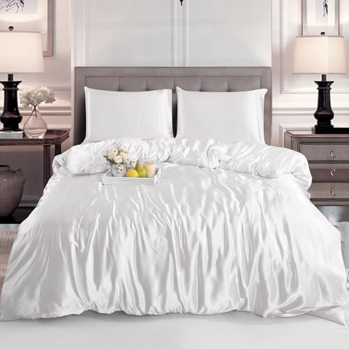 ROOEE Silk Satin Duvet Cover with Pillowcases Bedding Set for Single Double King Size Bed Easy Care Luxury Ultra Soft Quilt Cover (WHITE, Double)