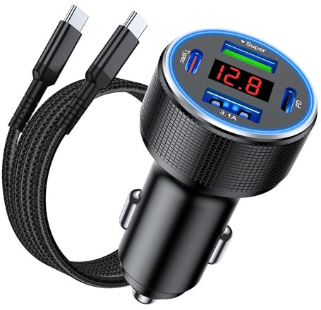 USB C Car Charger With Cable, 78W 4 Port Car Charger Adapter with Voltmeter Car Phone Charger Cigarette Lighter USB Charger Fast Charging for iPhone 16/15/14/13/12, Samsung Galaxy, iPad