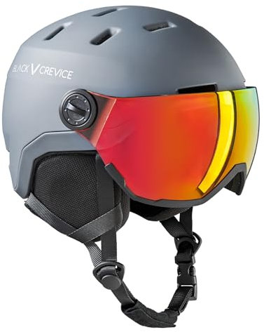 BLACK CREVICE Skihelm Wengen I Skihelm mit Visier aus Polycarbonat I Skihelm Herren & Damen I Leichte Double-Inmould-Technologie I Atmungsaktiver Ski-Helm I Größenverstellbar (Grau, L)