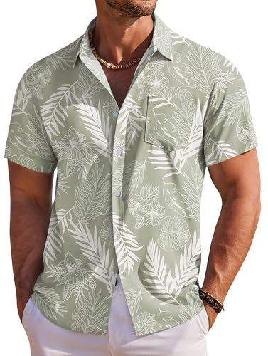 COOFANDY Men's Hawaiian Shirts Short Sleeve Tropical Button Down Shirts Summer Beach Shirts, Sage Green & White - Leaf, Large