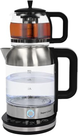 RjcdOPL Bouilloire Électrique Double 2 L + Théière en Verre 1 L, Machine à Thé 1800W, 5 Températures Préréglées, Corps Transparent en Verre, Infuseur Intégré, Pour Amateurs de Thé et Café