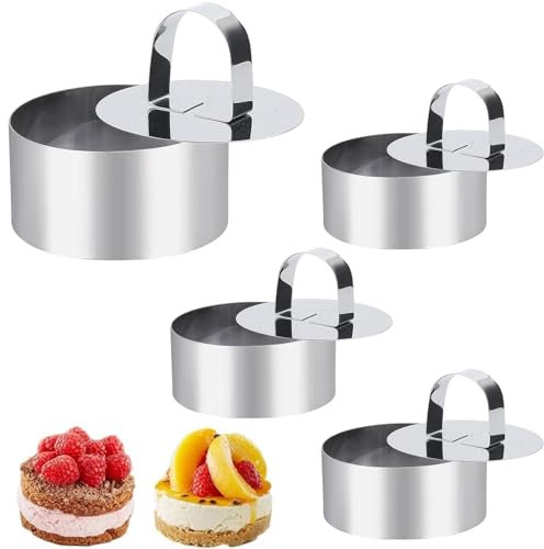 Belvanr 4 Stück Dessertringe und Speiseringe 8cm,Wiederverwendbar Servierringe Edelstahl Set,Anrichteringe mit Pusher,Tortenring Klein Geeignet für Mousse Kuchen Desserts Brot Keksen Pudding