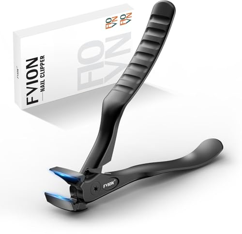 FVION Ergonomic Handle Nail Clippers for Seniors, Angled Head Toenail Clippers for Thick Toenails and Fingernails, Wide Jaw Opening Precision Nail Trimmer with Catcher (Black)
