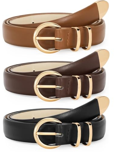 WERFORU Lot de 3 ceintures Femme Tendances, Ceinture Élégante Rétro en Cuir avec Boucle Dorée ou Argentée pour Jeans, Robes et Pantalons