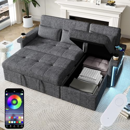 Sapgaks Canapé Convertible 3 Places en L avec LED et USB et Dossier Réglable, Canapé d'angle Convertible avec Rangement et Porte-Gobelet, Canapé Lit avec Coussins Multifonctionnel au Salon Appt, Gris