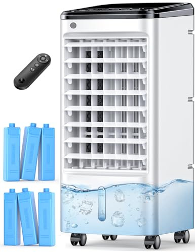 CENSTECH Windowless Portable Air Conditioners w/6Ice Packs, 4Modes&3Speeds, 600Sq.ft Swamp Cooler, Dual Tank for 15H Cooling, 12H Timer, 26Ft Remote, 65°Swing Evaporative Air Cooler for Bedroom Indoor