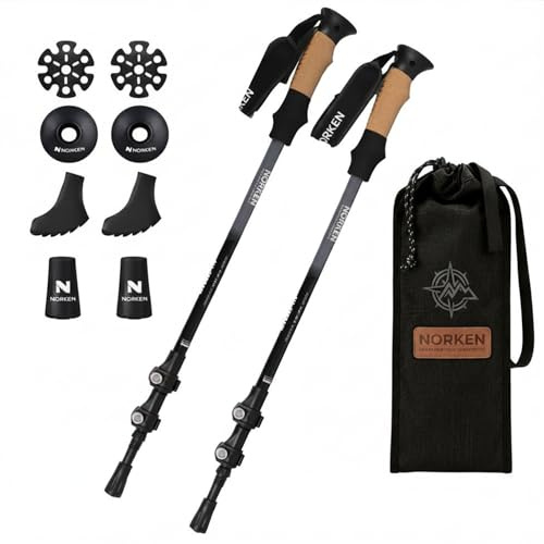 NORKEN – Bastones de senderismo telescópicos, aluminio 7075, ligero y resistente, cierre Flip Lock, mango ergonómico, ajustable de 65 a 137 cm, para mujer y hombre