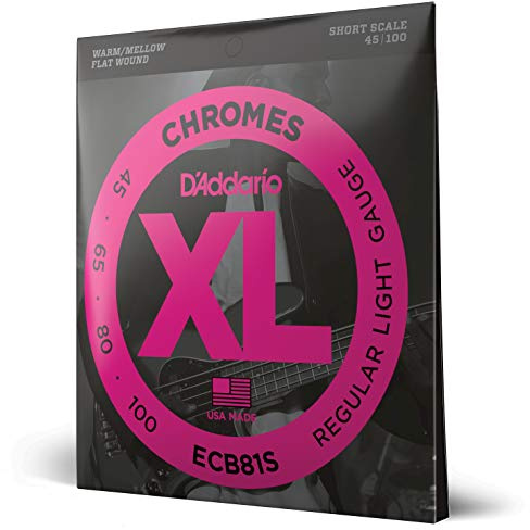 Cuerdas D'Addario para guitarra baja, XL Chromes Flat Wound, ECB81S, calibre normal ligero 45-100, escala corta, juego de 4 cuerdas, paquete de 1
