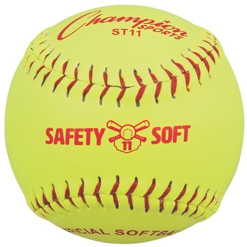 Champion Sports 11 Safety Softballs - Sponge Rubber Core - Syntex Leather Cover - Medium Compression - Pack of 12 - Level 10 (Ages 12+), Optic Yellow