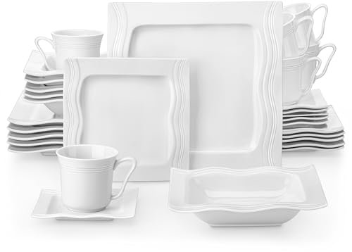 MALACASA Dinner Sets,30-Piece Square Plates and Bowls Set with 6 Piece Porcelain Dinner Plates/Dessert Plates/Soup Plates/Cups and Saucers,Plates Set for 6,Ivory White,Series Mario