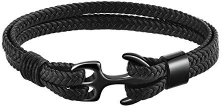 Emibele Bracelet for Women, Sturdy Cowhide Leather Bracelet, Multilayer Vintage Anchor Bracelet Wrap Cuff - Black with Black Anchor