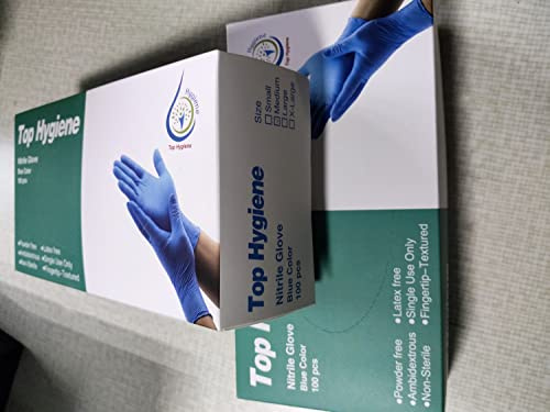 TOP HYGIENE DISPOSABLE POWDER FREE LATEX FREE BLUE MEDIUM NITRILE GLOVES. A100/BOX. AMBIDEXTROUS SMOOTH SURFACE, M (Pack of 100)