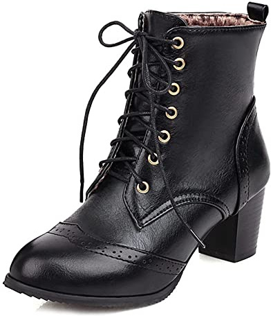 HOTRA Fashion Stacked Chunky Heel Platform Ankle Booties Brogues Women Shoes Lace Up Derby Boots (Color : Black, Size : 2.5 UK)