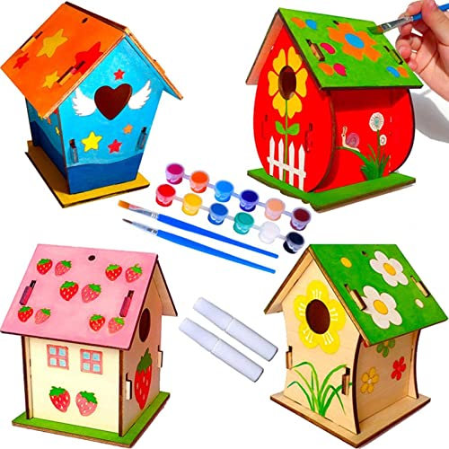DOLYUU Vogelhaus Bausatz Kinder,Bird House Construction Kit,DIY Vogelhaus Kit für Kinder,4 StückCraft for Children,DIY vogelhaus zum bemalen Kit für Kinder Geburtstag Weihnachten