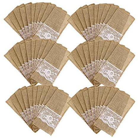 RONGKUN Lot de 100 pochettes à couverts, en toile de jute, avec dentelle, pour mariage, anniversaire