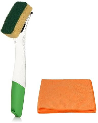Fillable Washing up Brush and Sponge - Easy Grip Dish Cleaner - with Ultra Absorbent Microfibre Cleaning Cloth
