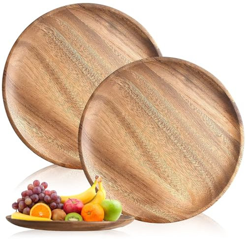 2 platos de madera redondos de 20 cm, platos de madera de acacia, platos de madera redondos, bandeja de madera, platos redondos, platos para servir, platos de aperitivos, mini platos de postre, platos